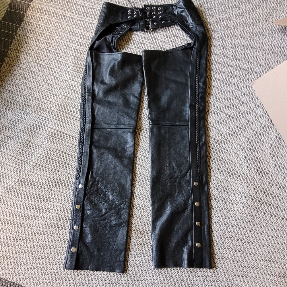 Crescent Black Leather Riding Chaps with Glossy Finish